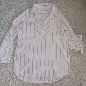 C&C California 100% Linen Striped Blouse Womens Large White Pink Tunic Shirt
